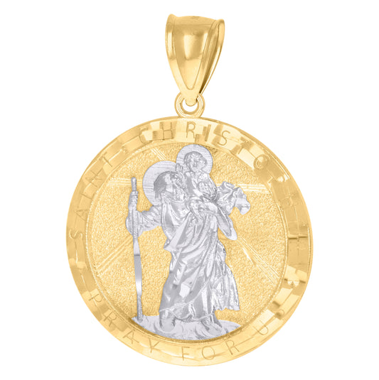 10K Two-Tone Gold Mens Saints St. Christopher Pray For Us Religious Charm Pendant