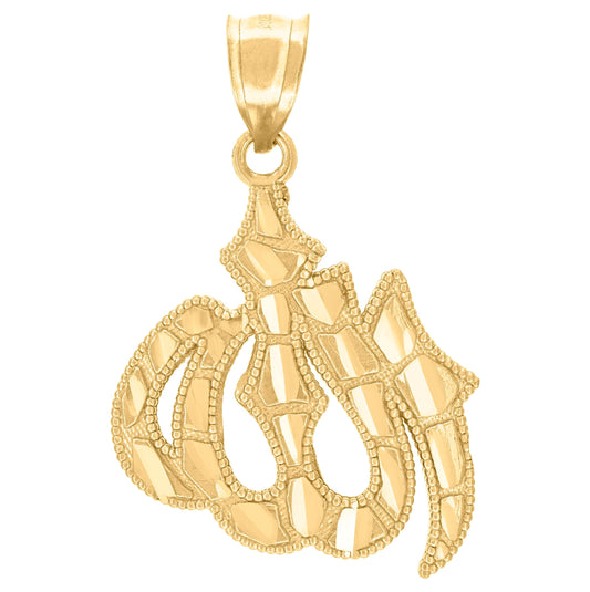 10K Yellow Gold Unisex Diamond-Cut Nugget Allah Religious Charm Pendant