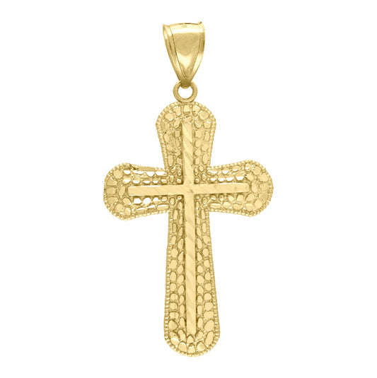 10K Yellow Gold Mens Nugget Cross Religious Charm Pendant
