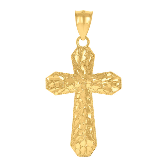 10K Yellow Gold Mens Nugget Cross Religious Charm Pendant