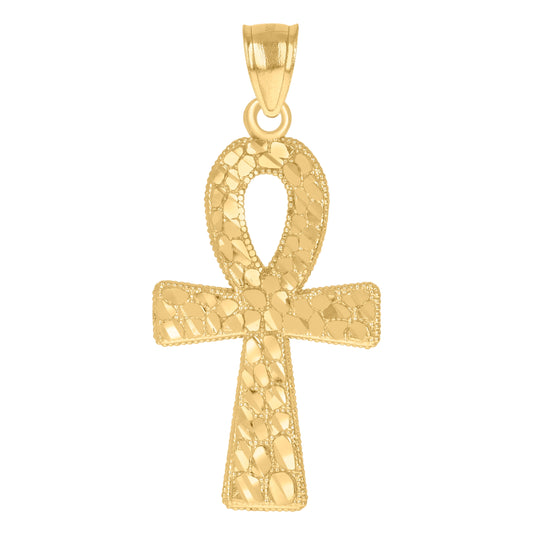 10K Yellow Gold Unisex Nugget Egyptian Ankh Cross Religious Charm Pendant