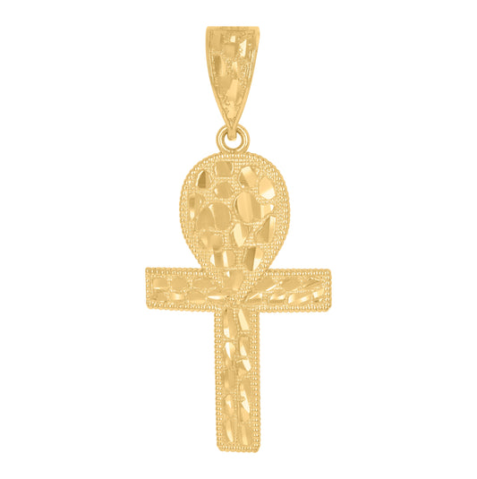 10K Yellow Gold Mens Ankh Cross Nugget Religious Charm Pendant