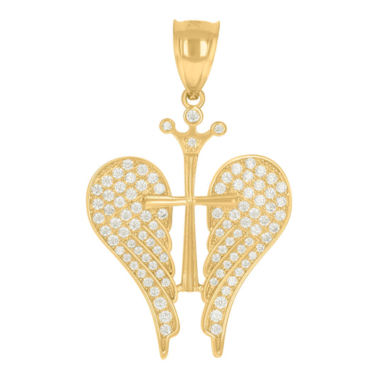10K Yellow Gold Mens Women Cubic Zirconia Angel Wings Religious Charm Pendant