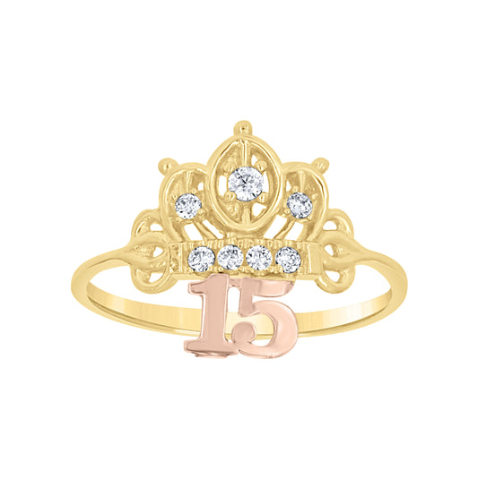 10K Tri-Color Gold Womens Cubic Zirconia Diamond Cut 15 Anos Crown Engagement Ring
