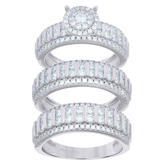 Sterling Silver Cubic Zirconia Migraine Trio Bridal Anniversary Wedding Engagement Band Ring Set