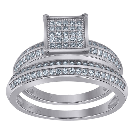 Sterling Silver Cubic Zirconia Square Head Trio Bridal Anniversary Wedding Engagement Band Ring Set