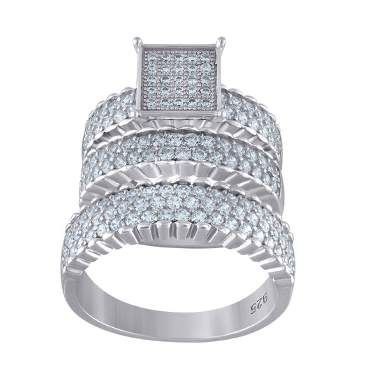 Sterling Silver Cubic Zirconia Square Head Trio Bridal Anniversary Wedding Engagement Band Ring Set