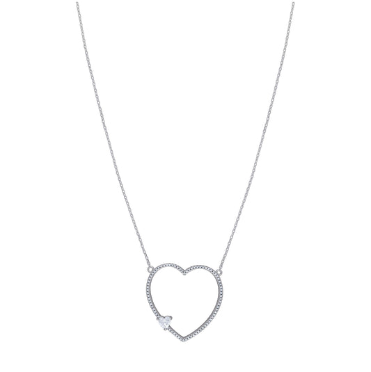 Sterling Silver Women Cubic Zirconia Rolo Link Heart Necklace