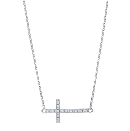 Sterling Silver Women Cubic Zirconia Rolo Link Cross Necklace