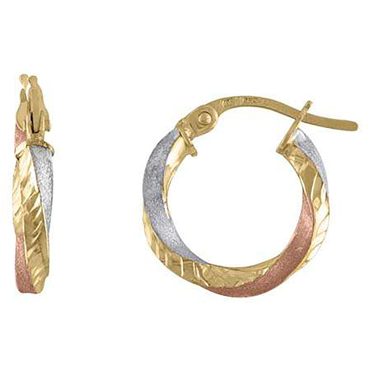 10K Tri-Color Gold Womens Twisted Hinged Hoops Huggies
