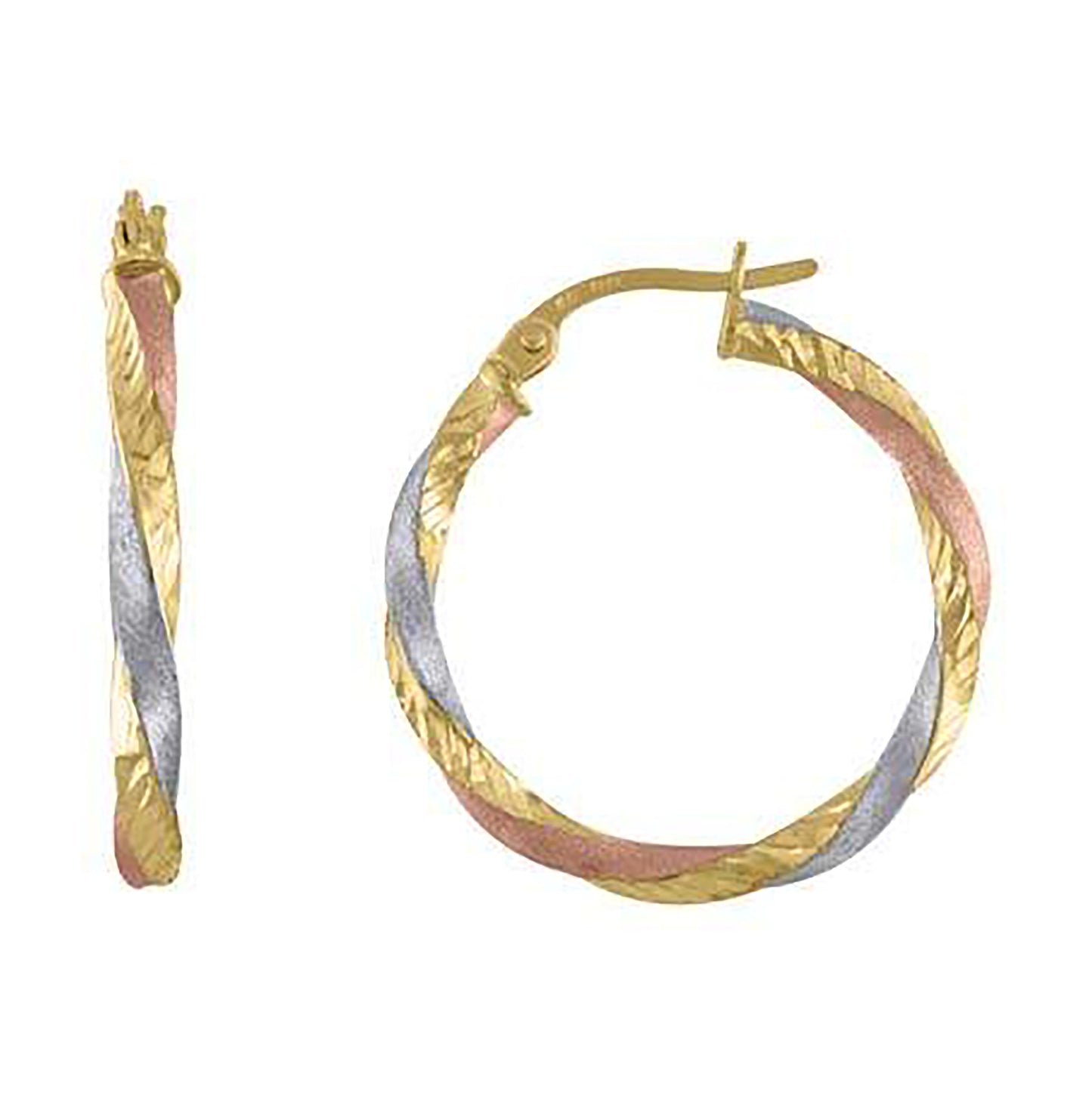 10K Tri-Color Gold Womens Twisted Hinged Hoops Huggies