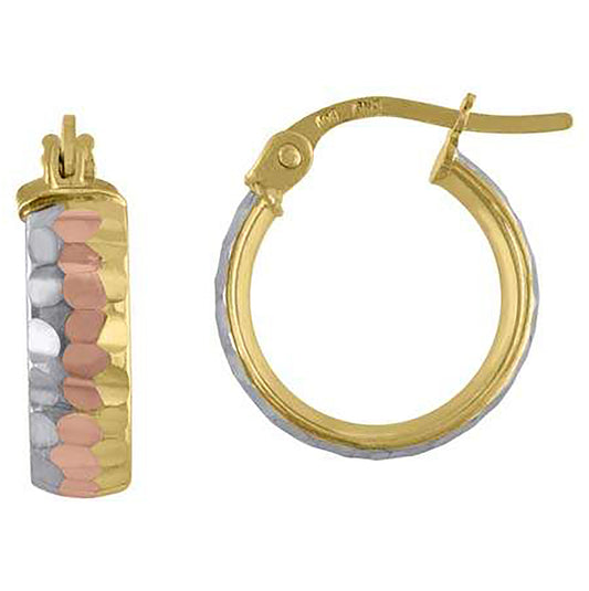 10K Tri-Color Gold Womens Diamond-cut Hinged Hoops Huggies