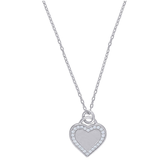 Sterling Silver Women Cubic Zirconia Rolo Link Heart Necklace