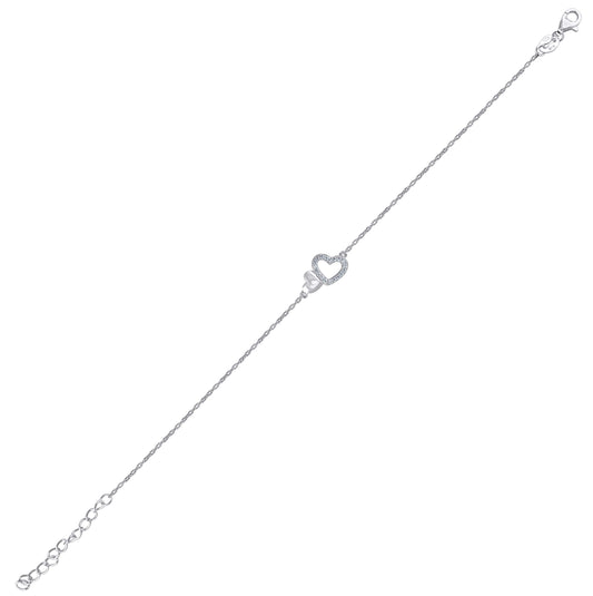 Sterling Silver Womens Cubic Zirconia Rolo Link Heart Bracelet