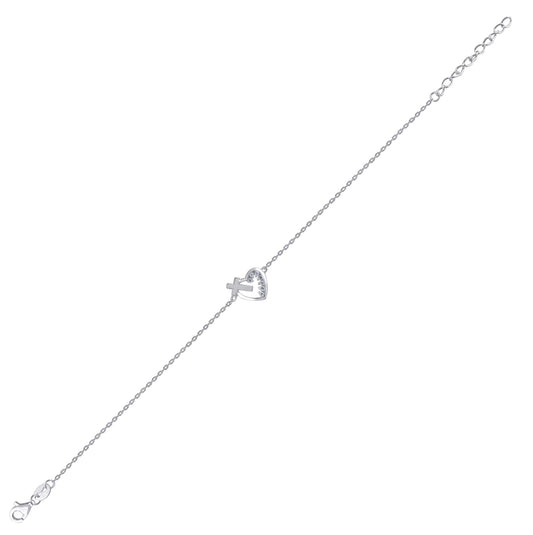 Sterling Silver Womens Cubic Zirconia Rolo Link Heart & Cross Bracelet