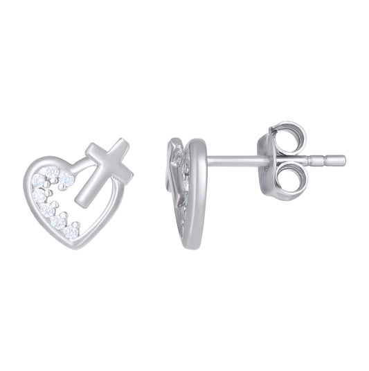 Sterling Silver Heart Cross 1.19Gm Womens Stud Earrings