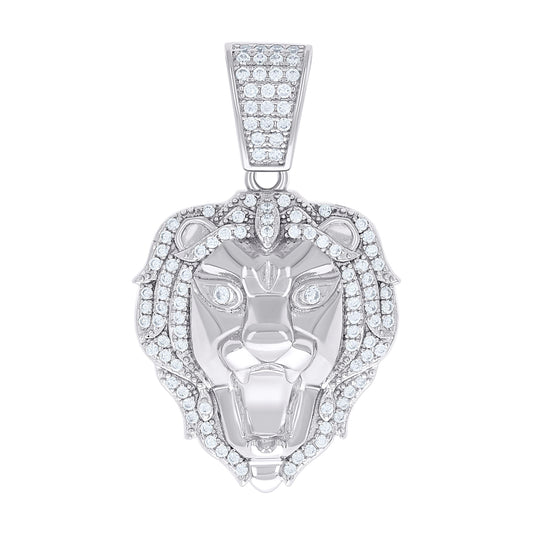 Sterling Silver Mens Cubic-Zirconia Lion Face Animal Charm Pendant