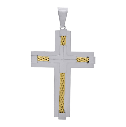 Stainless Steel Mens Cable Rope Inlay Cross Religious Charm Pendant