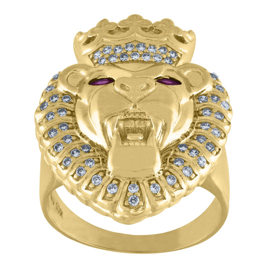 10K Yellow Gold Mens Round And Marquise Purple Cubic-Zirconia Roaring Lion Face Crown Ring