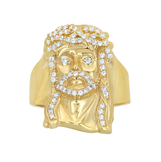 10K Two-Tone Gold Mens Cubic Zirconia Jesus Face Religious Ring