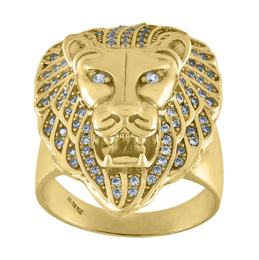 10K Yellow Gold Mens Cubic Zirconia Roaring Lion Face Ring