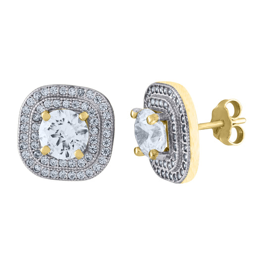 10K Two-Tone Gold Cubic-Zirconia Womens Polished Finish Square Push Back Stud Earrings