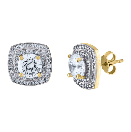10K Two-Tone Gold Cubic-Zirconia Womens Polished Finish Square Push Back Stud Earrings