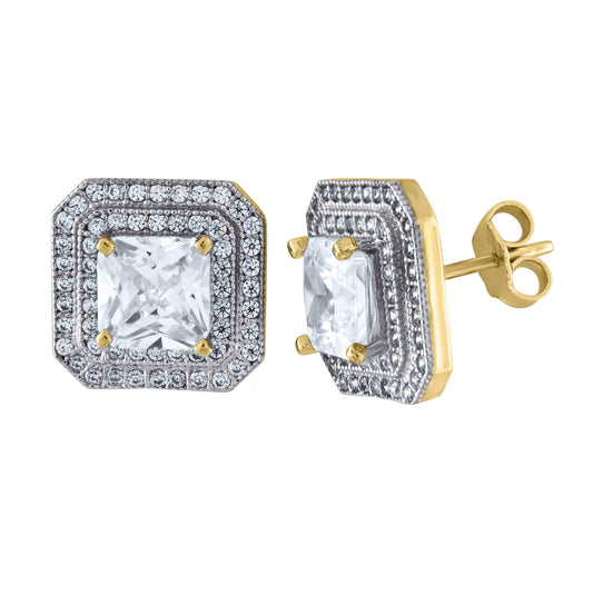 10K Two-Tone Gold Princess Cut Cubic-Zirconia Womens Polished Finish Square Push Back Stud Earrings