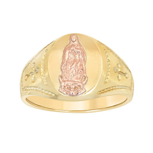10K Two-Tone Gold Mens Textured Lady Of Guadalupe Religious Ring