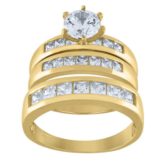 10K Yellow Gold Womens Round And Princess Cubic Zirconia Trio Ring Set