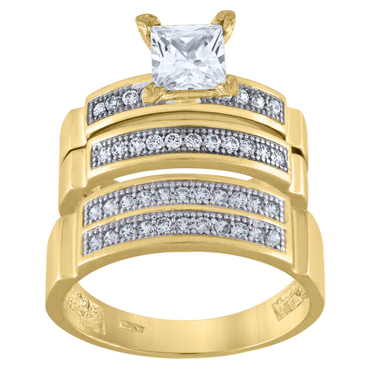 10K Two-Tone Gold Womens Round And Princess Cubic Zirconia Trio Ring Set