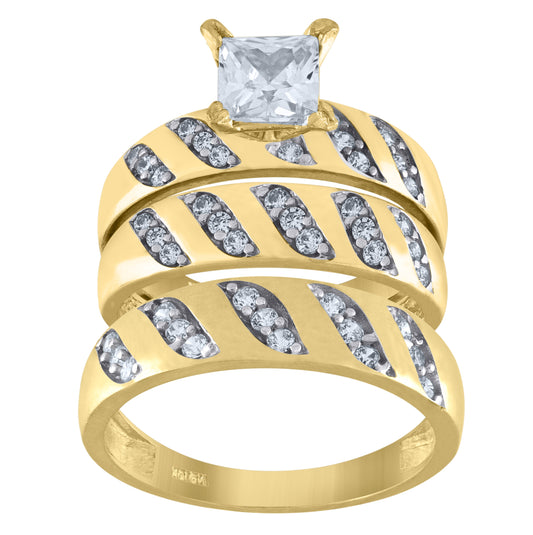 10K Two-Tone Gold Womens Round And Princess Cubic Zirconia Trio Ring Set