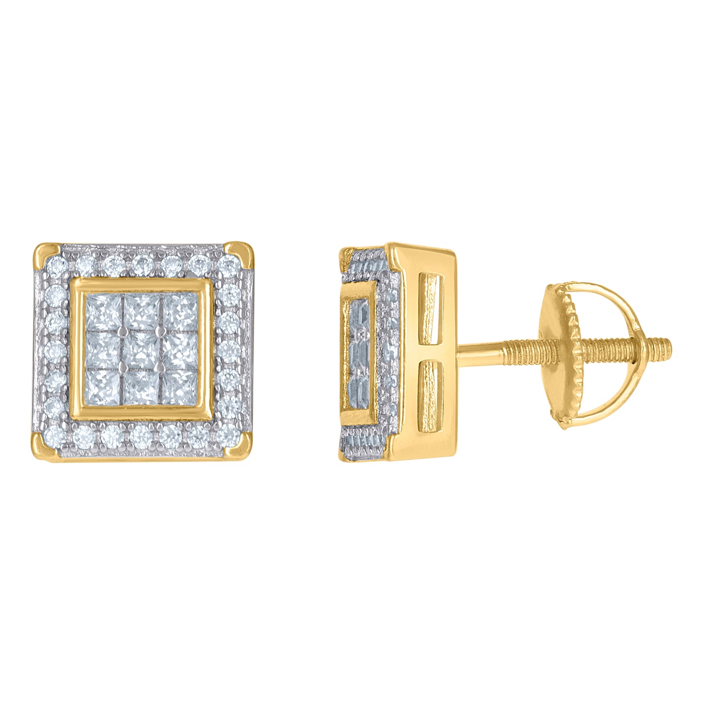 Sterling Silver Yellow-Tone Mens Princess Cut Cubic-Zirconia Square Stud Earring