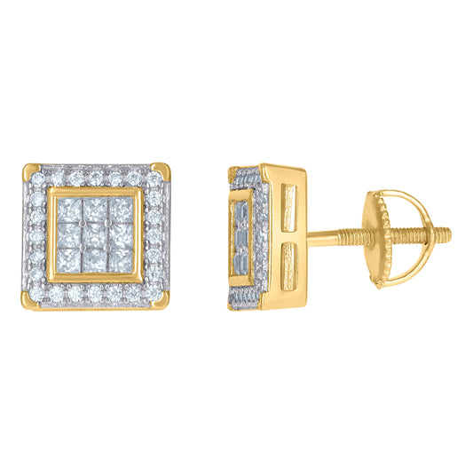 Sterling Silver Yellow-Tone Mens Princess Cut Cubic-Zirconia Square Stud Earring