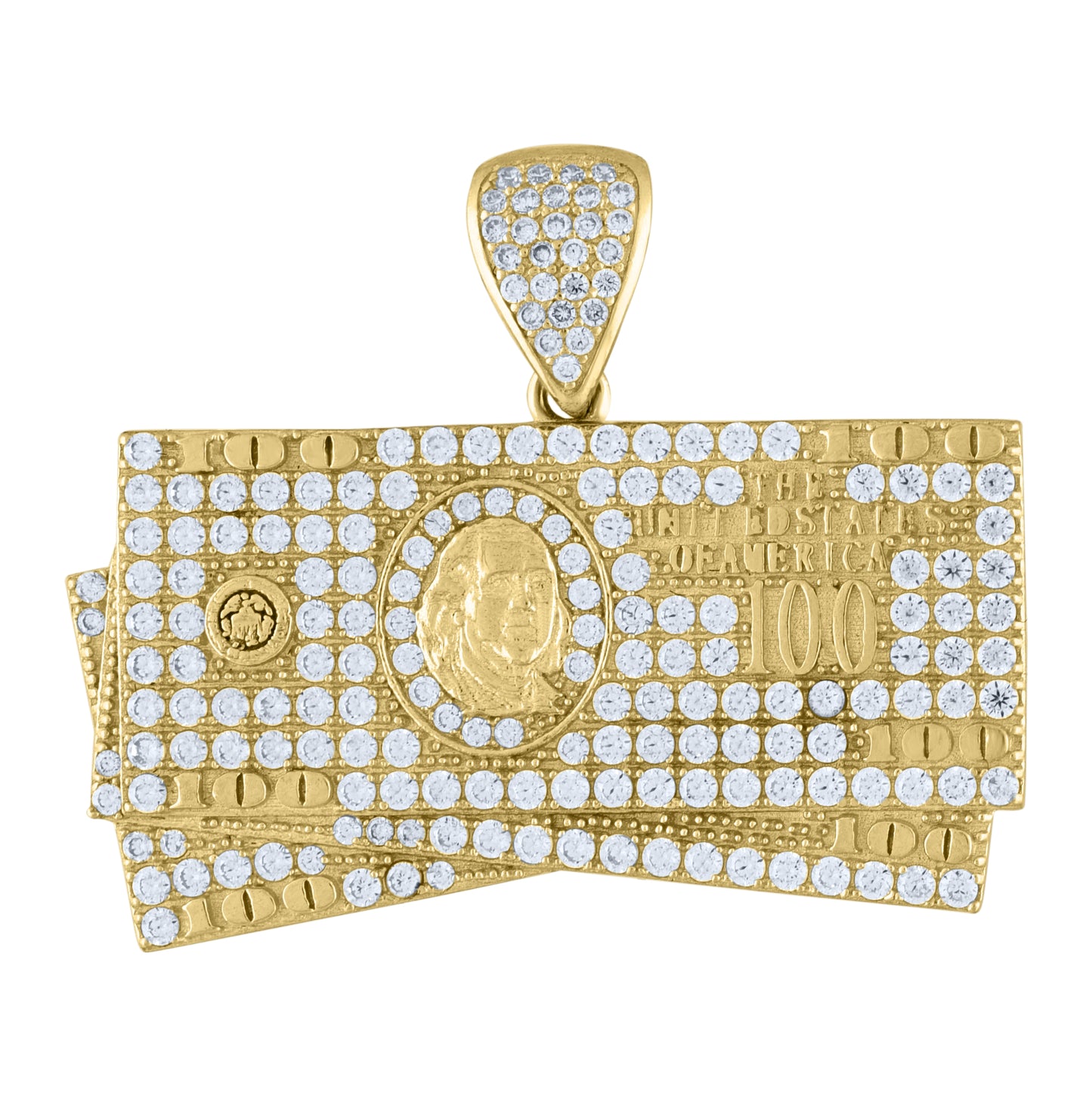10K Yellow Gold Mens Cubic Zirconia 100 Dollar Bill Charm Pendant