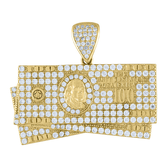 10K Yellow Gold Mens Cubic Zirconia 100 Dollar Bill Charm Pendant