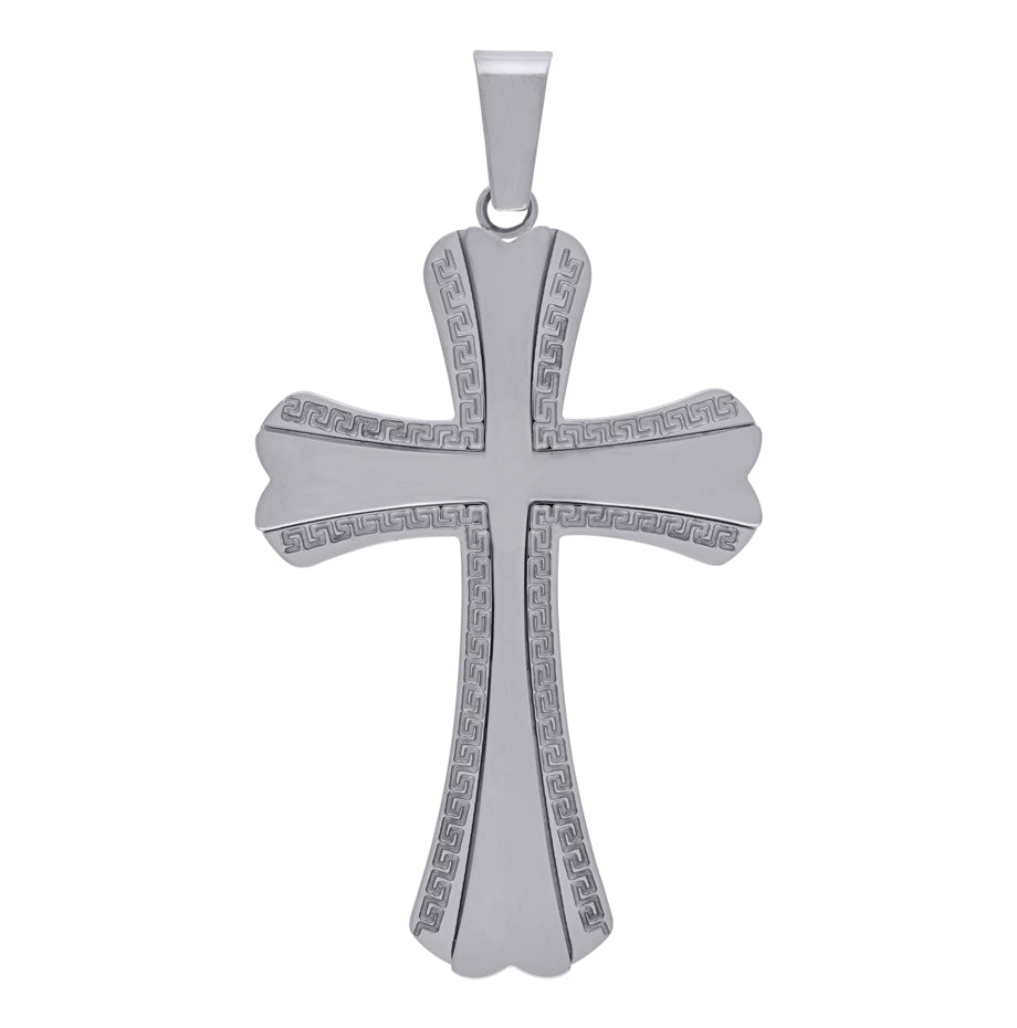 Stainless Steel Mens Cross With Greek Key Pattern Religious Charm Pendant