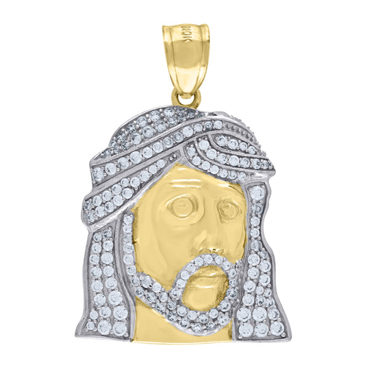 10K Two-Tone Gold Mens Cubic Zirconia Jesus Religious Charm Pendant