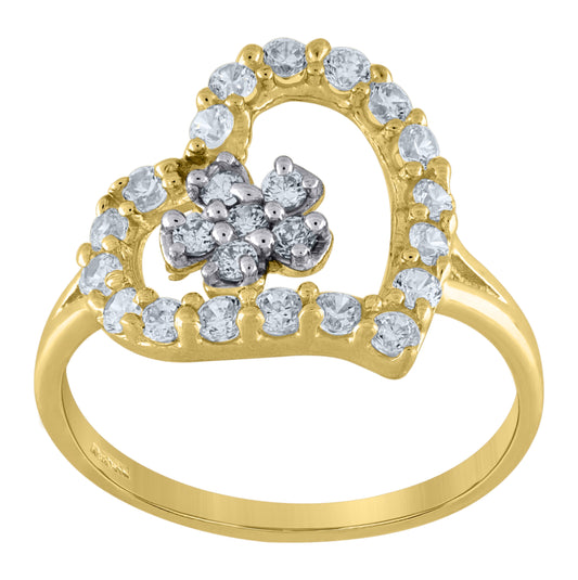10K Two-Tone Gold Womens Cubic Zirconia Flower In Heart Engagement Ring