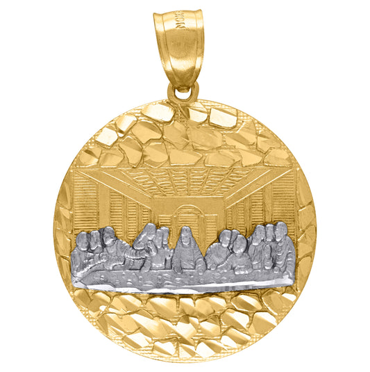 10K Two-Tone Gold Mens Diamond-Cut Nugget Last Supper Religious Medallion Charm Pendant