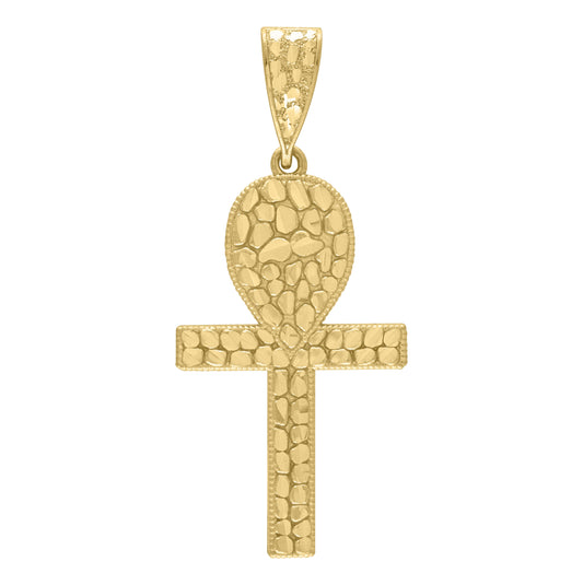 10K Yellow Gold Mens Ankh Cross Nugget Religious Charm Pendant