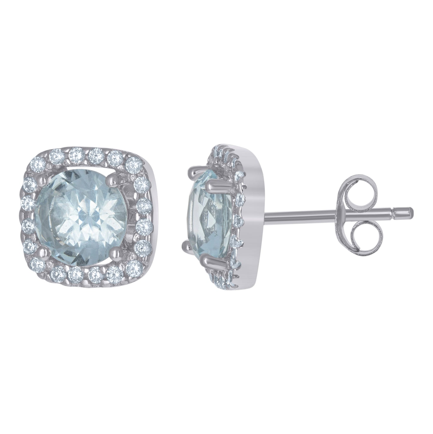 Sterling Silver Womens Aqua Cubic Zirconia Square Stud Earrings