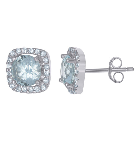 Sterling Silver Womens Aqua Cubic Zirconia Square Stud Earrings