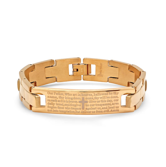 Stainless Steel Rose-tone Mens Lords Prayer Religious Link Bracelet