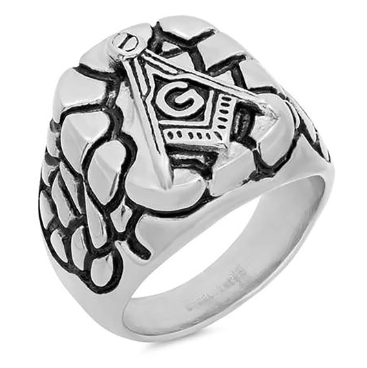 Stainless Steel Black-tone Mens Nugget Masonic Square Head Comfort-fit Bridal Anniversary Wedding Engagement Band Ring