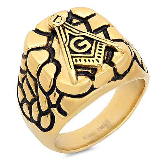 Yellow Stainless Steel Black-tone Mens Nugget Masonic Square Head Comfort-fit Bridal Anniversary Wedding Engagement Band Ring