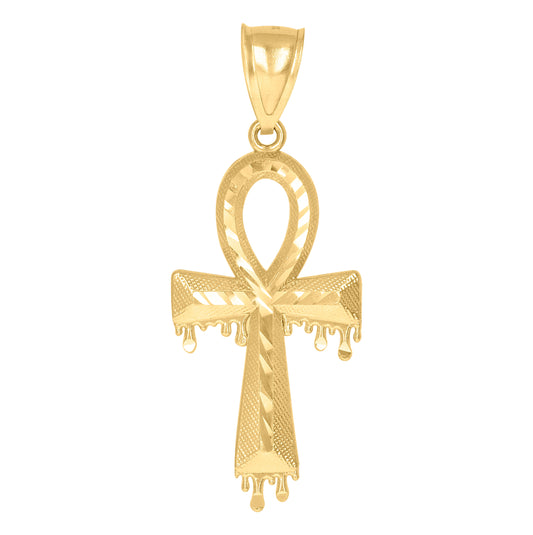 10K Yellow Gold Mens Dripping Egyptian Ankh Cross Religious Charm Pendant