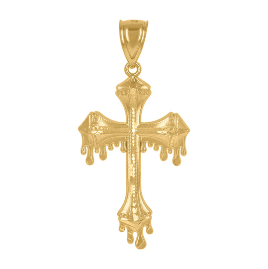 10K Yellow Gold Mens Dripping Cross Religious Charm Pendant