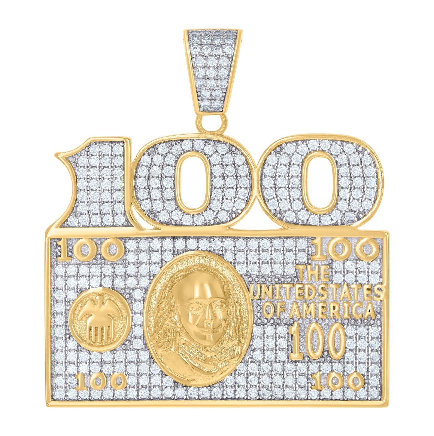 Sterling Silver Mens Cubic-Zirconia 100 Dollar Bill Currency Fashion Charm Pendant