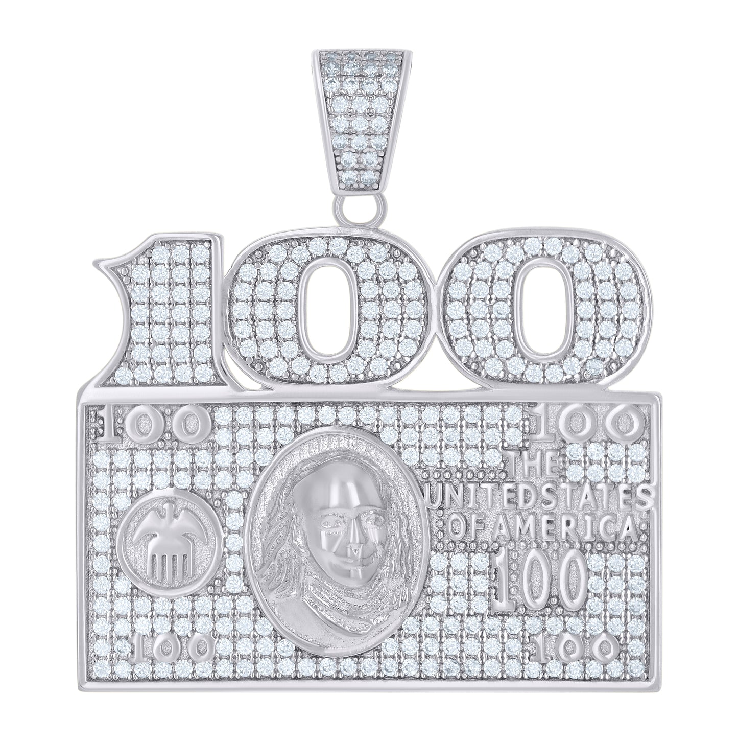 Sterling Silver Mens Cubic-Zirconia 100 Dollar Bill Currency Fashion Charm Pendant